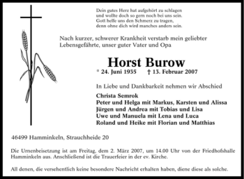 Traueranzeige von Horst Burow von Tageszeitung