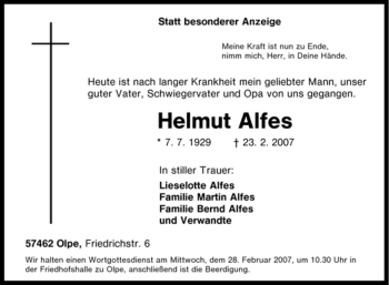 Traueranzeige von Helmut Alfes von Tageszeitung