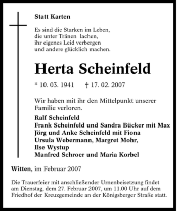 Traueranzeige von Herta Scheinfeld von Tageszeitung
