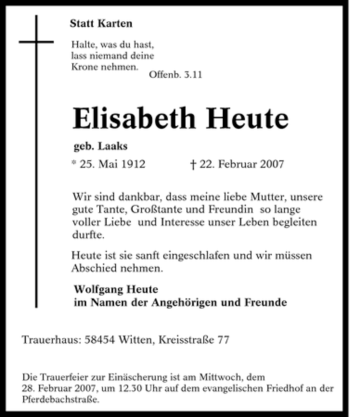 Traueranzeige von Elisabeth Heute von Tageszeitung