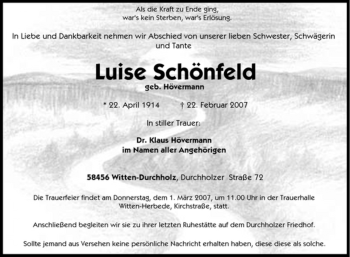 Traueranzeige von Luise Schönfeld von Tageszeitung