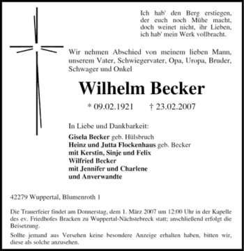 Traueranzeige von Wilhelm Becker von Tageszeitung