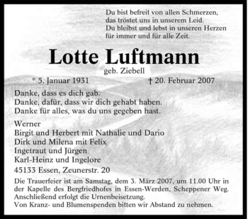 Traueranzeige von Lotte Luftmann von Tageszeitung