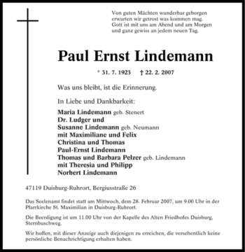 Traueranzeige von Paul Ernst Lindemann von Tageszeitung