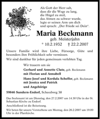 Traueranzeige von Maria Beckmann von Tageszeitung