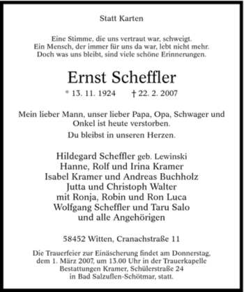 Traueranzeige von Ernst Scheffler von Tageszeitung