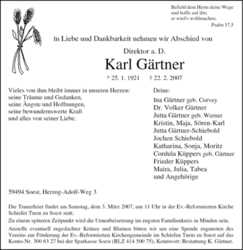 Traueranzeige von Karl Gärtner von Tageszeitung