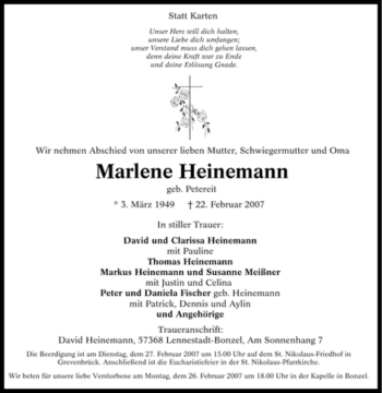 Traueranzeige von Marlene Heinemann von Tageszeitung