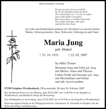 Traueranzeige von Maria Jung von Tageszeitung