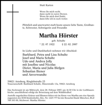 Traueranzeige von Martha Hörster von Tageszeitung
