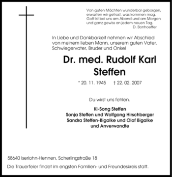 Traueranzeige von Rudolf Karl Steffen von Tageszeitung