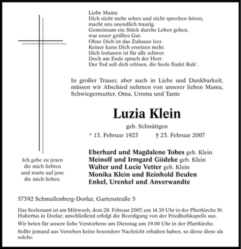  Traueranzeige für Luzia Klein vom 24.02.2007 aus Tageszeitung