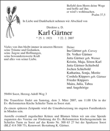 Traueranzeige von Karl Gärtner von Tageszeitung