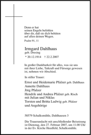Traueranzeige von Irmgard Dahlhaus von Tageszeitung