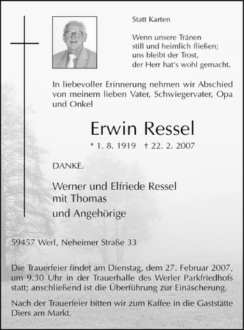 Traueranzeige von Erwin Ressel von Tageszeitung