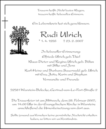 Traueranzeige von Rudi Ulrich von Tageszeitung