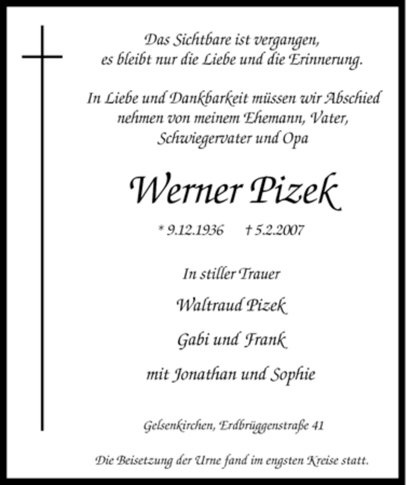  Traueranzeige für Werner Pizek vom 26.02.2007 aus Tageszeitung