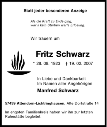 Traueranzeige von Fritz Schwarz von Tageszeitung