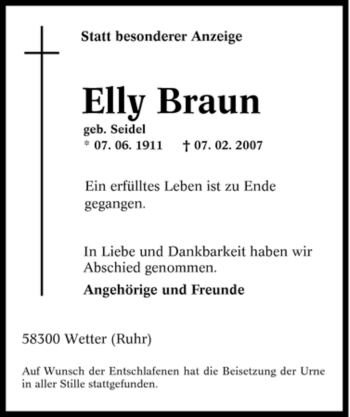 Traueranzeige von Elly Braun von Tageszeitung