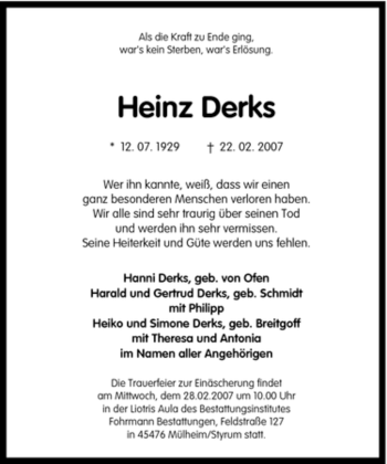 Traueranzeige von Heinz Derks von Tageszeitung