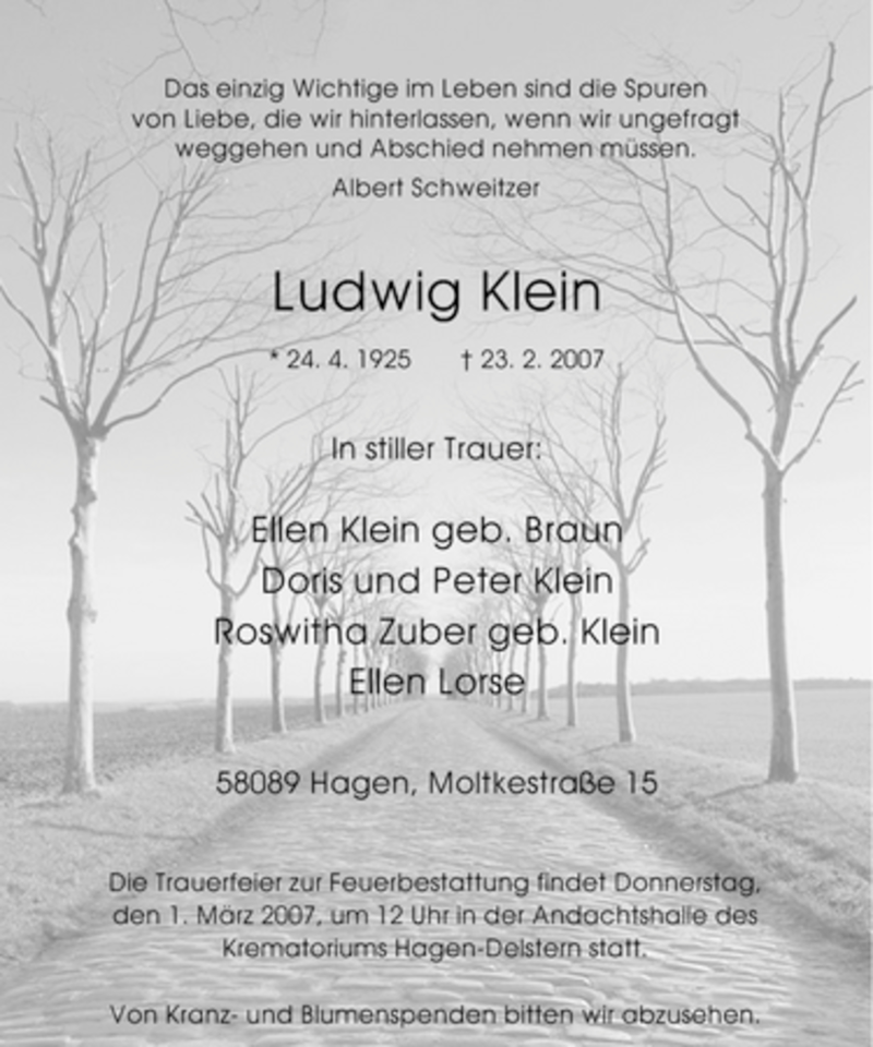 Traueranzeigen von Ludwig Klein TrauerinNRW.de