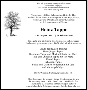 Traueranzeige von Heinz Tappe von Tageszeitung