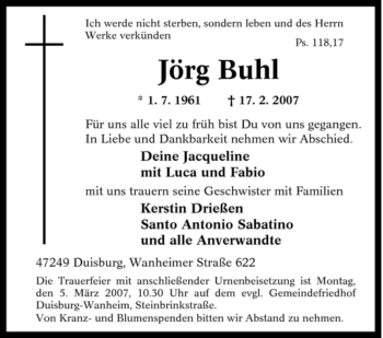 Traueranzeige von Jörg Buhl von Tageszeitung