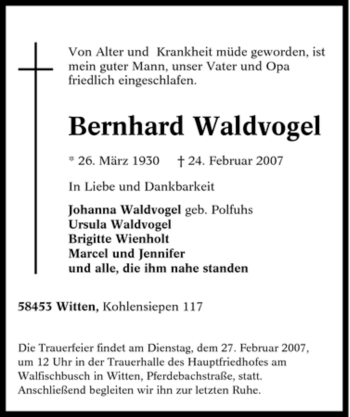 Traueranzeige von Bernhard Waldvogel von Tageszeitung