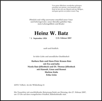 Traueranzeige von Heinz W. Batz von Tageszeitung