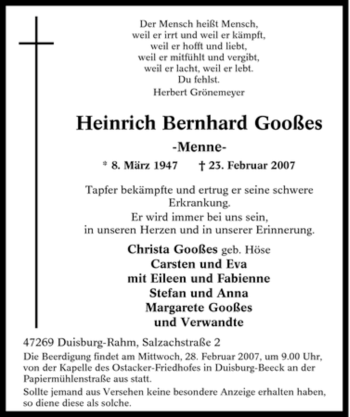 Traueranzeige von Heinrich Bernhard Gooßes von Tageszeitung