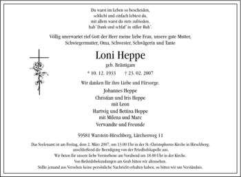 Traueranzeige von Loni Heppe von Tageszeitung