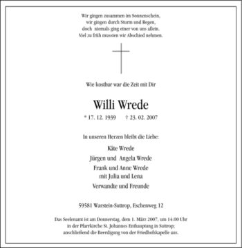 Traueranzeige von Willi Wrede von Tageszeitung