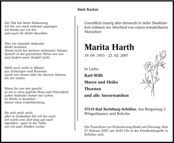 Traueranzeige von Marita Harth von Tageszeitung
