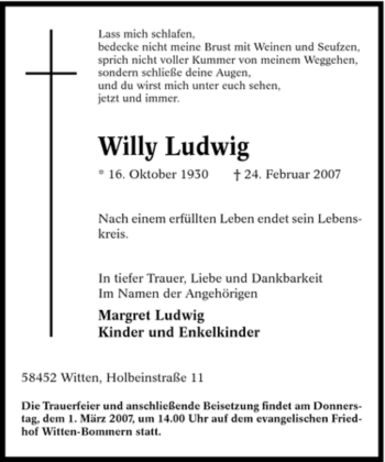 Traueranzeige von Willy Ludwig von Tageszeitung