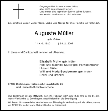 Traueranzeige von Auguste Müller von Tageszeitung