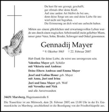 Traueranzeige von Gennadij Mayer von Tageszeitung