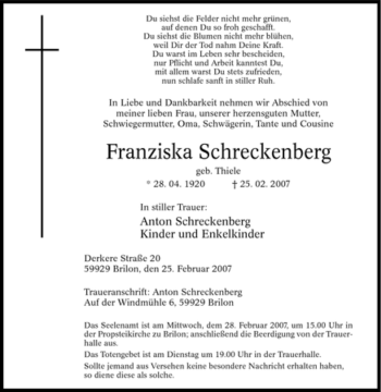 Traueranzeige von Franziska Schreckenberg von Tageszeitung