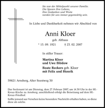 Traueranzeige von Anni Kloer von Tageszeitung