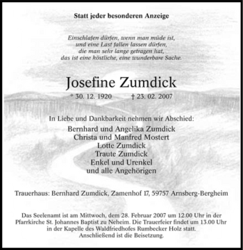 Traueranzeige von Josefine Zumdick von Tageszeitung