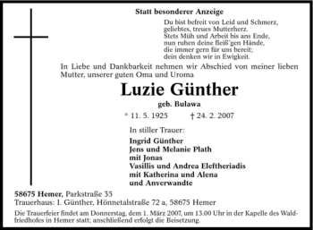 Traueranzeige von Luzie Günther von Tageszeitung