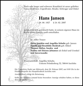 Traueranzeige von Hans Jansen von Tageszeitung