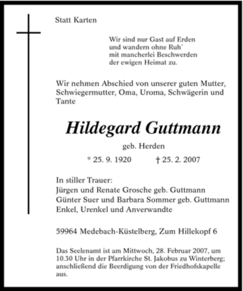 Traueranzeige von Hildegard Guttmann von Tageszeitung
