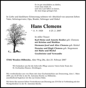 Traueranzeige von Hans Clemens von Tageszeitung