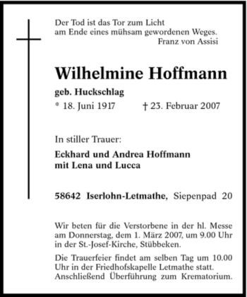 Traueranzeige von Wilhelmine Hoffmann von Tageszeitung