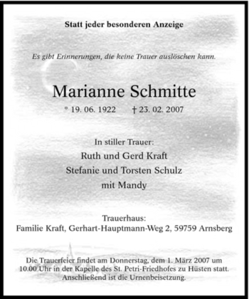 Traueranzeige von Marianne Schmitte von Tageszeitung