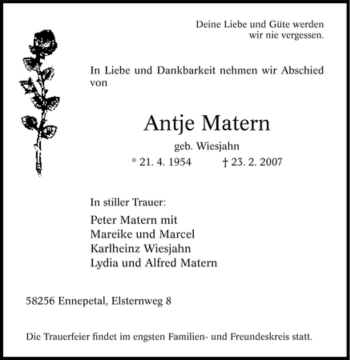 Traueranzeige von Antje Matern von Tageszeitung