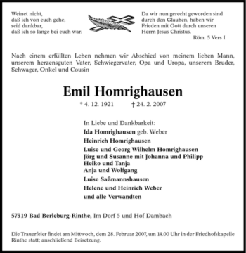 Traueranzeige von Emil Homrighausen von Tageszeitung