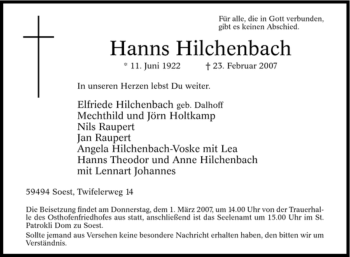 Traueranzeige von Hanns Hilchenbach von Tageszeitung