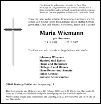Traueranzeige von Maria Wiemann von Tageszeitung