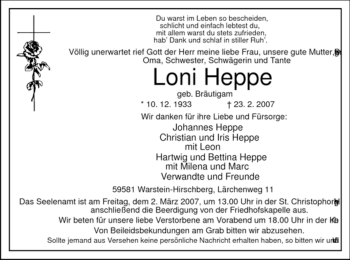 Traueranzeige von Loni Heppe von Tageszeitung